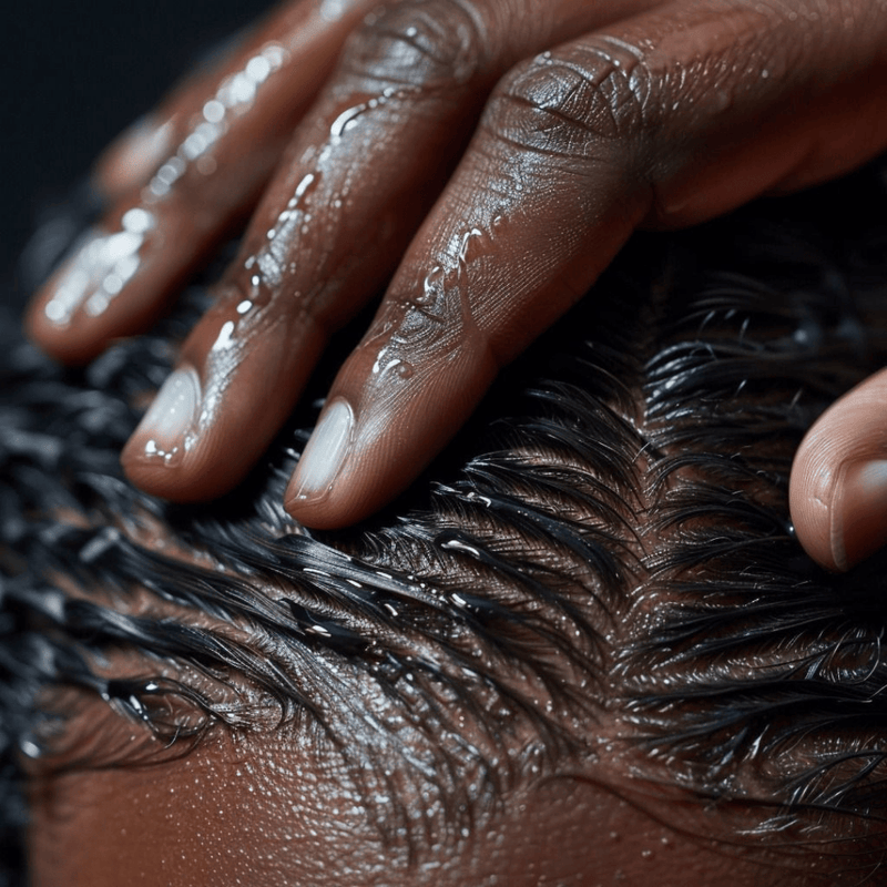Close-up of a hand with wet nails touching hair