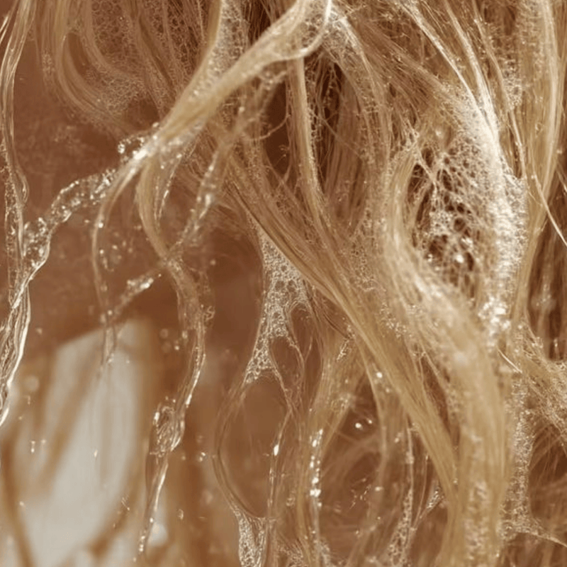 Close-up of wet hair strands with a blurred background